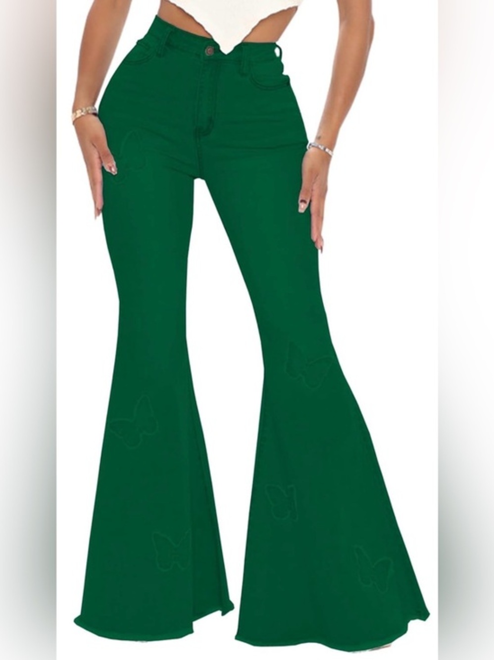 High-Waist Green Flared Butterfly Jeans